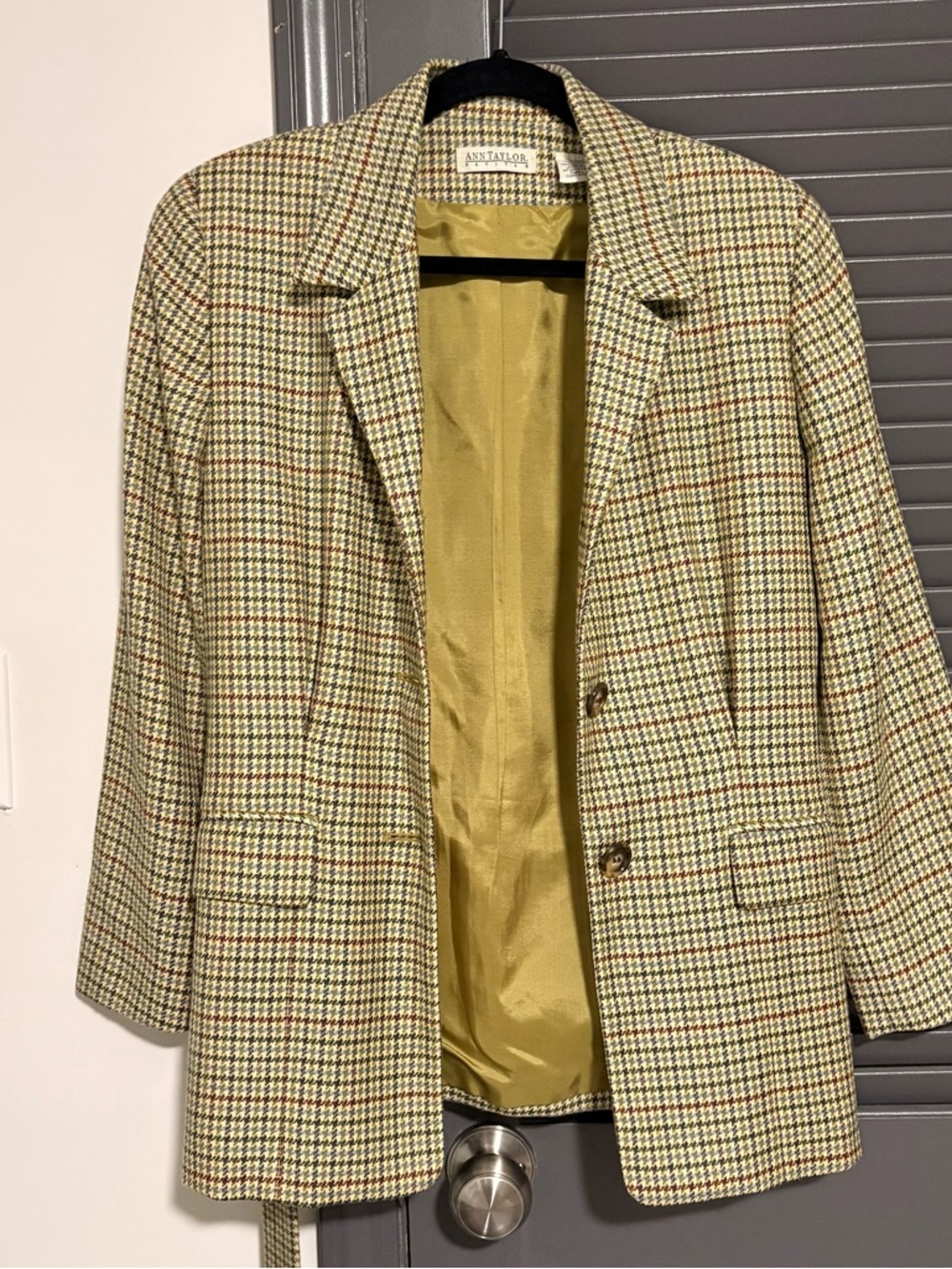 Vintage Ann Taylor Olive & Cream Houndstooth Wool Blazer - Picture 3 of 4